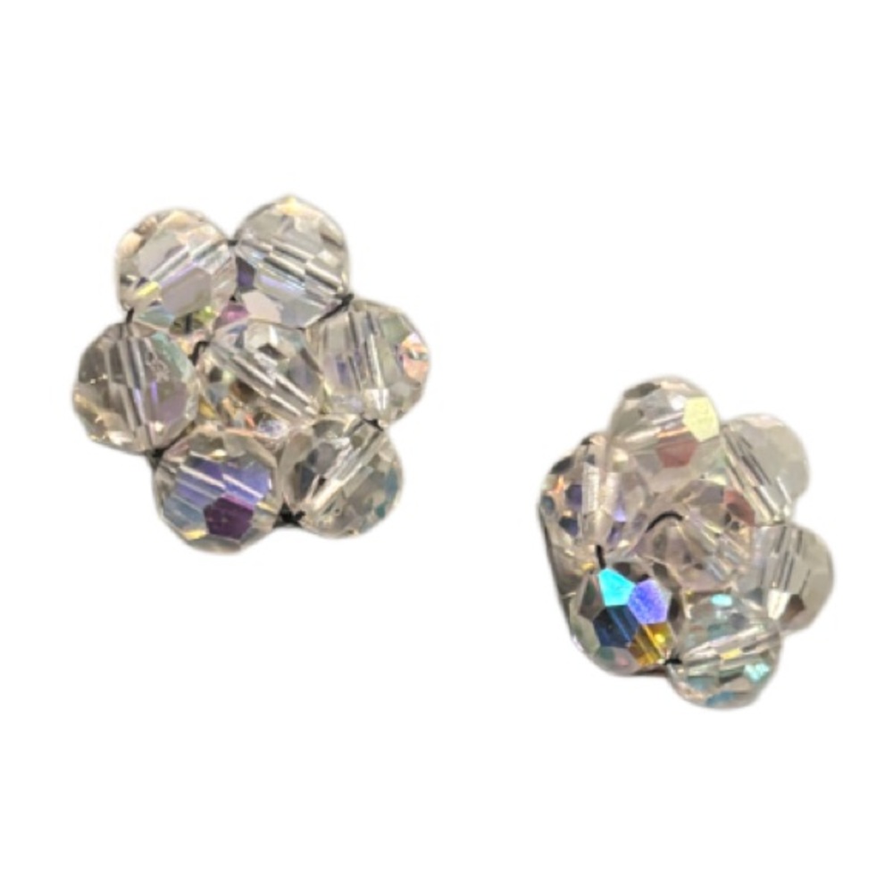 Vintage Earrings Aurora Borealis Crystal Beaded Flowers Clip On 50s 60s Jewelry - Picture 10 of 16